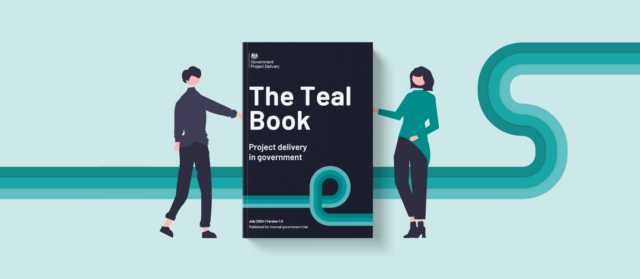Book cover titled “The Teal Book: Project delivery in government,” branded Government Project Delivery, July 2024 v1.0 (internal trial). A looping teal ribbon runs across the cover and background, with two illustrated figures on either side pointing towards the book.