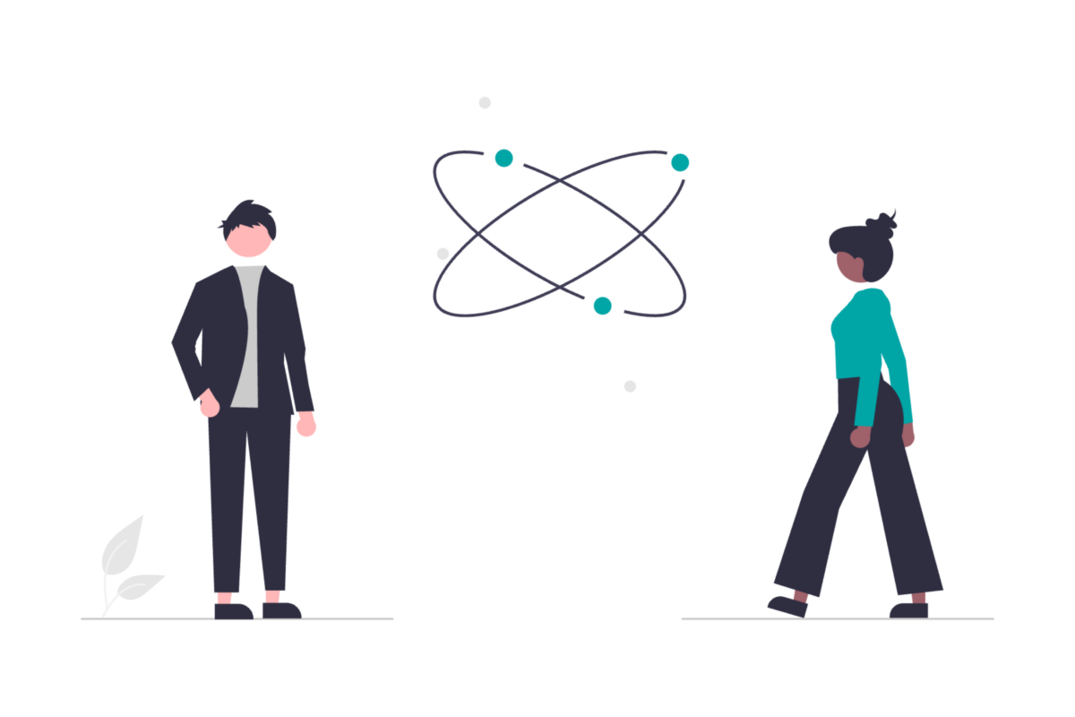 Illustration of two people in between a graphic of an atom-like design of three circles