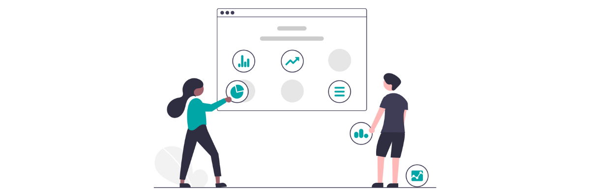 Illustration of two people looking at charts on a whiteboard