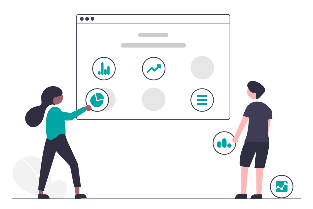 Illustration of two people looking at charts on a whiteboard
