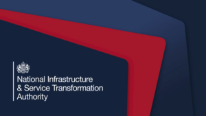 Logo of the National Infrastructure & Service Transformation Authority with a stylised design featuring overlapping shapes in dark blue and red.