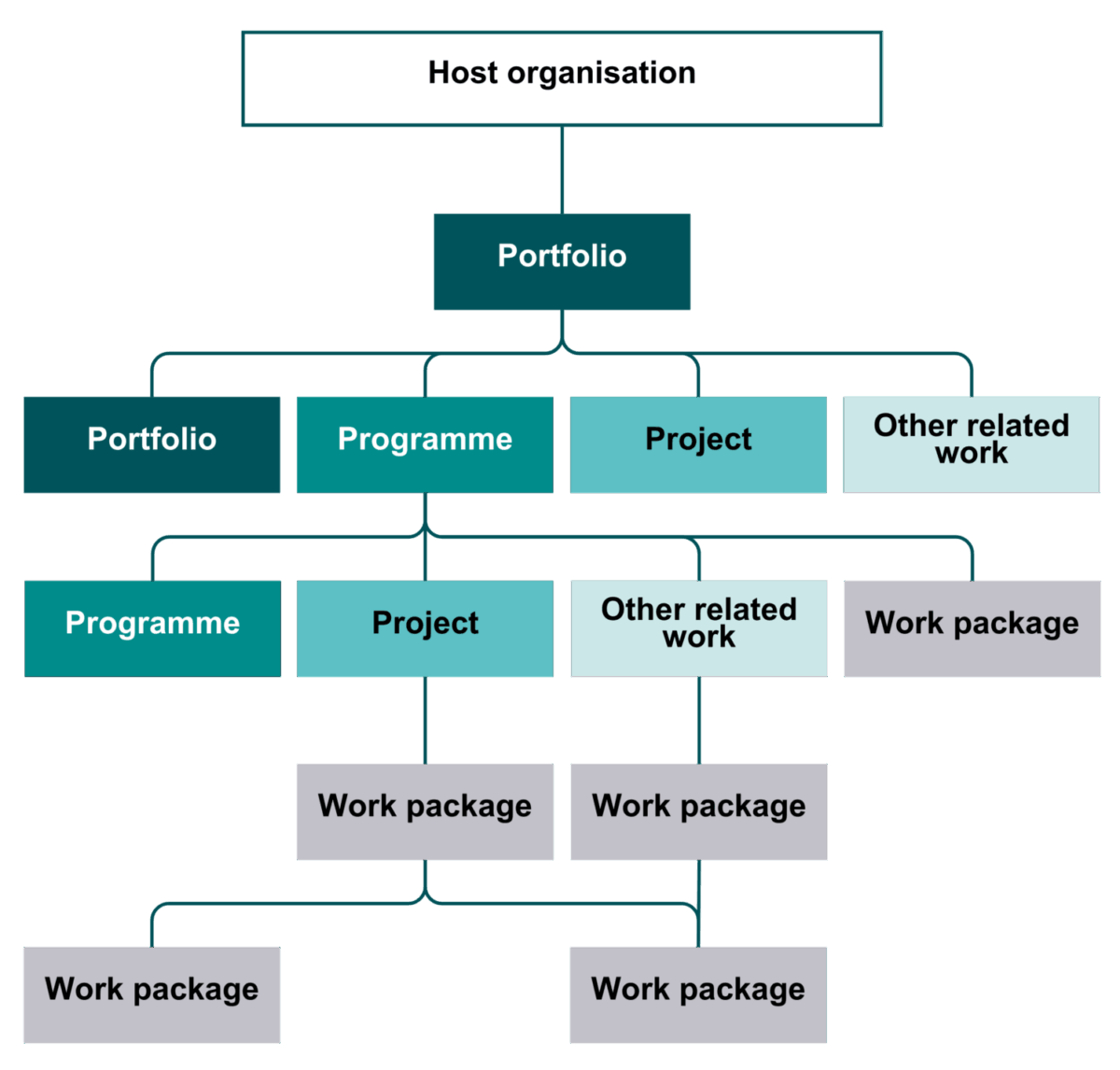 The relationships between the organisation and its portfolios, programmes, projects, other related work and work packages