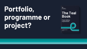 Portfolio, programme or project? On the right, there is an image of the cover of “The Teal Book: Project delivery in government”. A stylised teal line runs horizontally across the bottom of the image and loops on the book cover.