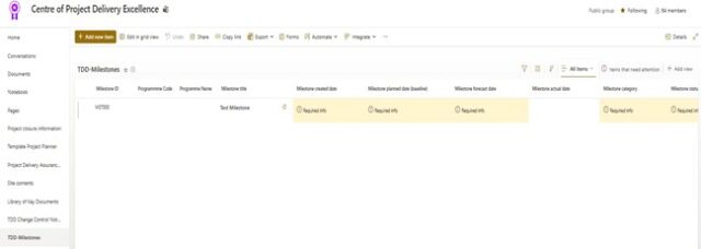 A project management interface titled “Centre of Project Delivery Excellence.” The page shows a table labeled “TDD-Milestones” with columns: Programme Code, Programme Name, Milestone Title, Milestone Created Date, Milestone Planned Date (Baseline), Milestone Forecast Date, Milestone Actual Date, and Milestone Category.One row is visible with Programme Code VST2025 and Milestone Title “Test Milestone.” Most columns display “No project info.” The top bar includes options like Add New Item, Edit Grid View, Share, Export, and Automate. The left sidebar lists navigation options such as Home, Conversations, Documents, Notebooks, Pages, and TDD Milestones.
