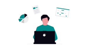 Illustration of a person working on a laptop at a desk, with floating graphics showing a pie chart, a document, and a calendar.