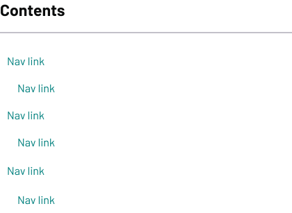 Contents section with a heading ‘Contents’ followed by a vertical list of navigation links. Each link is labeled ‘Nav link,’ with some indented to indicate sub-links.