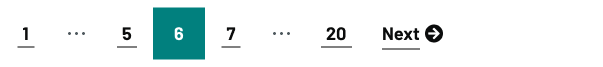 A pagination control showing page numbers: 1, ellipsis, 5, 6, 7, ellipsis, 20, followed by a ‘Next’ link with a right arrow. Page 6 is highlighted in teal to indicate the current page.