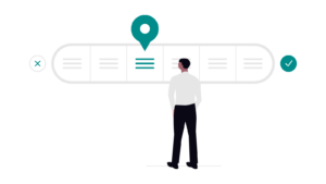 Illustration of a person standing in front of a horizontal progress bar with multiple steps. A location pin icon highlights one step in the center, while a green checkmark is on the right and a green cross is on the left.