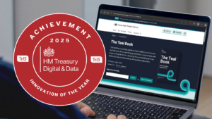 A laptop screen displaying the HM Government ‘The Teal Book’ webpage, with a large red circular badge in the foreground that reads ‘Achievement 2025 HM Treasury Digital & Data Innovation of the Year’.