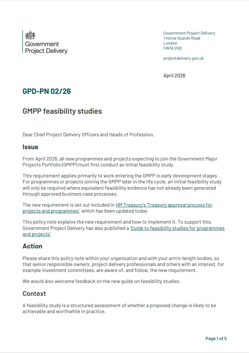 Front page of a Government Project Delivery policy note titled ‘GMPP feasibility studies’, April 2026.