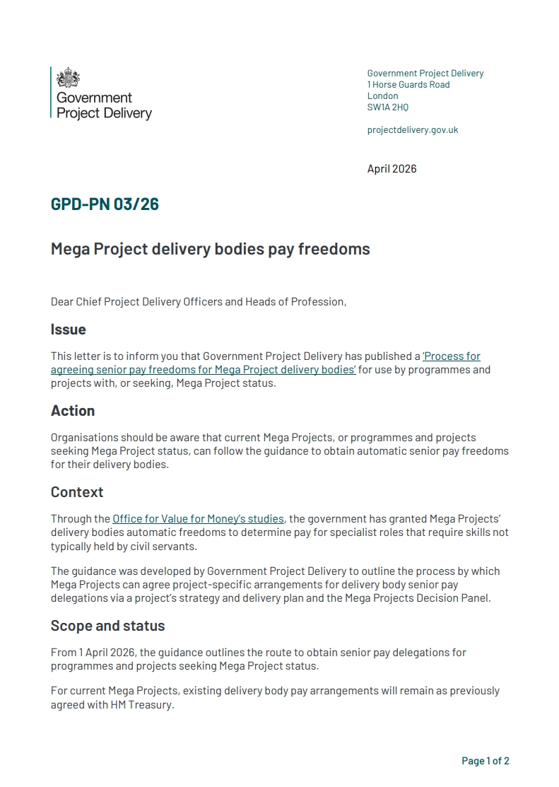 Front page of a Government Project Delivery policy note titled ‘Mega Project delivery bodies pay freedoms’, April 2026.