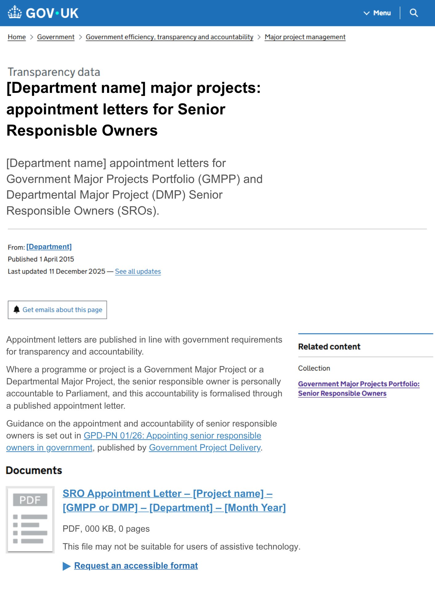 A mock up of a GOV.UK page showing the layout of a departmentally owned page for publishing senior responsible owner appointment letters.